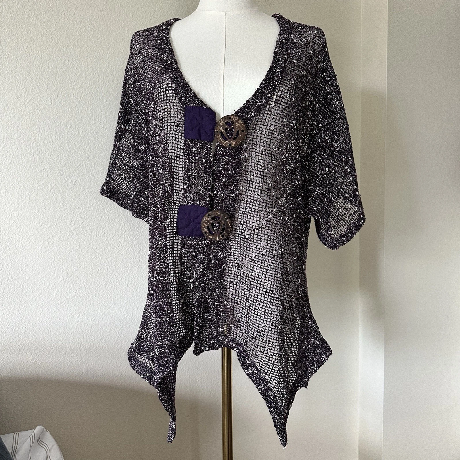 Open Knit Poncho Top Purple Flecked Coconut Button Boho Lagenlook Artwear M L