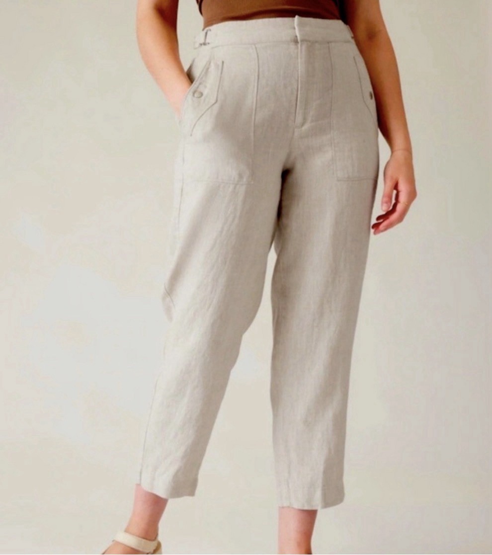 Athleta Voyager Linen Trouser in Natural Beige Functional Button Tab Waist 6P