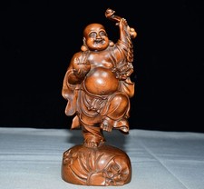 Collectible Old china small leaf boxwood hand carven 如意 Maitreya buddha statue
