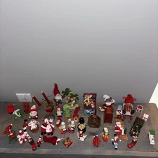 Lot Of 38 Vintage Wood Christmas Ornaments Hand painted Santa , Toy box And More