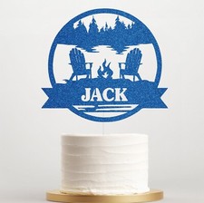 Personalised Camping Camp Fire Cake Topper, Glitter Birthday Party Name Decor