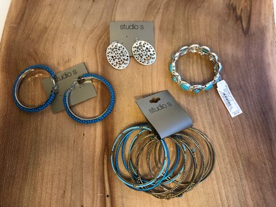 Studio S Trifari Blue Teal Silver Earrings And Bracelets New on Cards Msrp $64