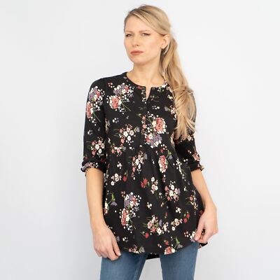 Schwarzes Damenoberteil 3/4-Arm Blumenmuster Bluse Jersey lässig locker entspannt Größe 8 6