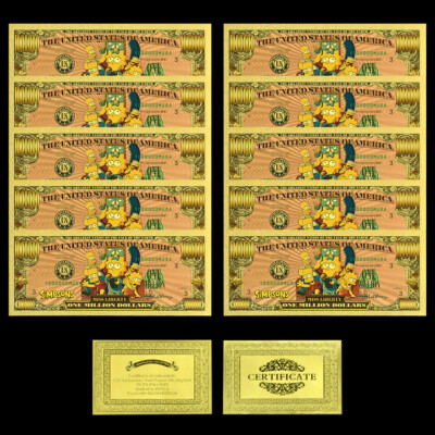 10Stück Die Simpsons Goldfolien-Banknoten US Anime Geschenke Sammeln