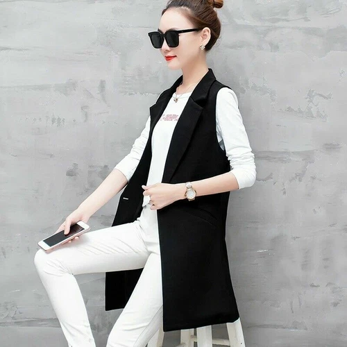 Gilet donna tuta gilet lungo smanicato blazer giacca spolverino cappotto cardigan - Foto 6 di 15