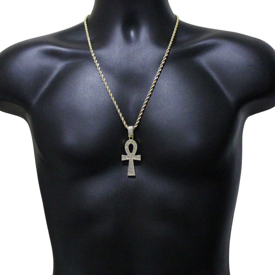 Icy Ankh Pendant With Cubic Zirconia & 24" Rope Chain - 14k Gold Plated Hip Hop Necklace