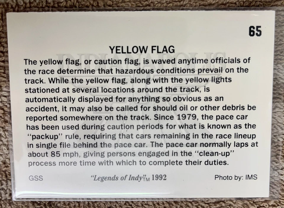 Yellow Flag Legends Of Indy 1992 Card #65 Indianapolis Motor Speedway   - Image 2 of 2
