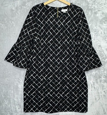 Calvin Klein Dress Womens 14 Black White Plaid Shift 3/4 Bell Sleeve Stretch