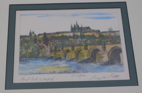 1999 HAND COLORED ART PRINT OF PRAGUE, ARTIST SIGNED, FRAMED & MATTED, BRIDGE