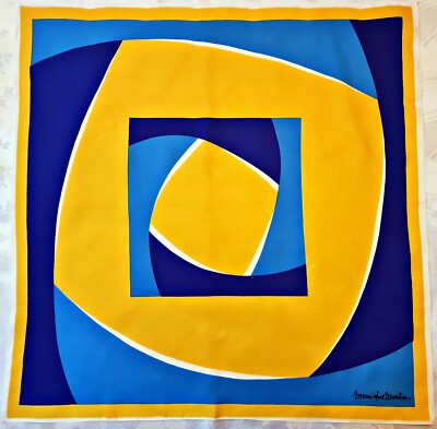 SCARF VINTAGE AUTHENTIC MONIQUE MARTIN GEOMETRIC ART BLUE YELLOW 27'' SQUARE