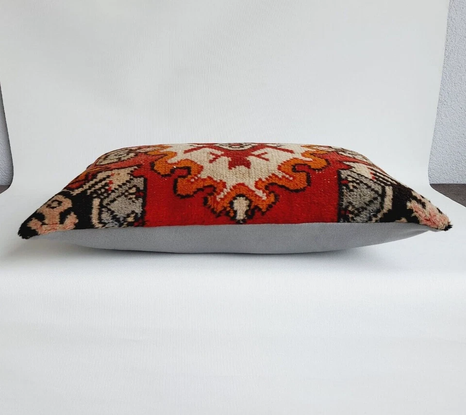 decorative rustic turkish wool rug pillow cover , 16x24 inches red and black - Image 4 of 4