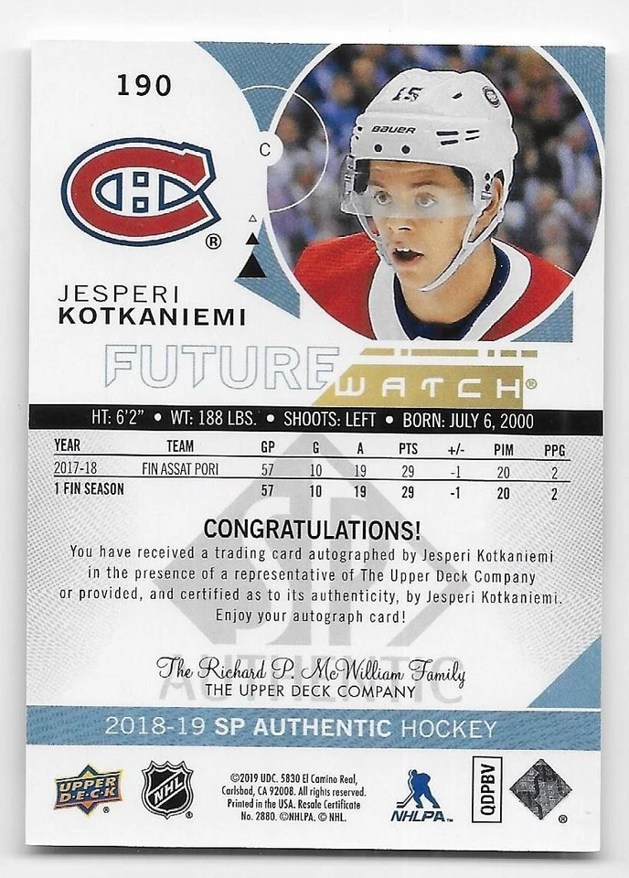 18/19 SP AUTHENTIC FUTURE WATCH AUTOGRAPH RC #190 Jesperi Kotkaniemi #143/999 - Image 2 of 2