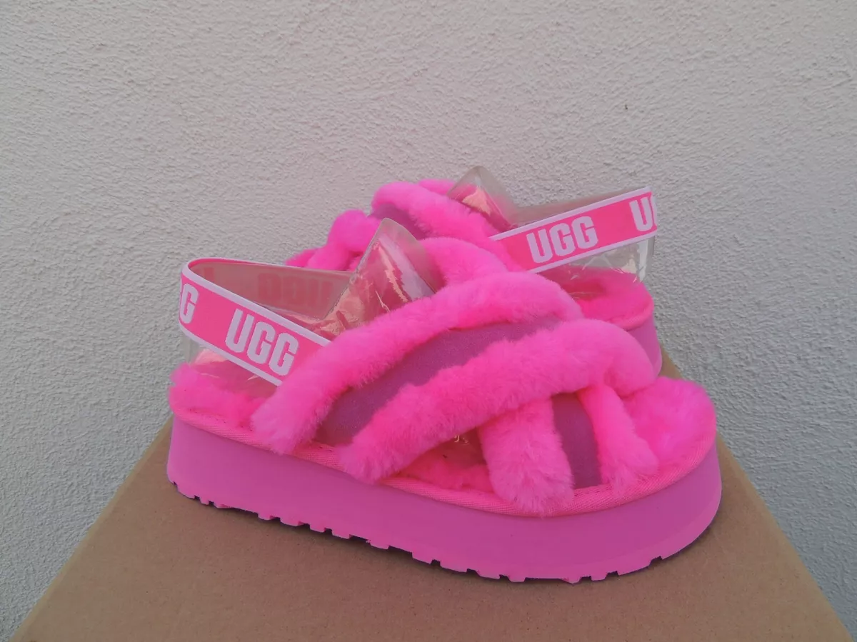 UGG TAFFY PINK DISCO CROSS SHEEPSKIN FLUFF SLIDE PLATFORM SANDALS