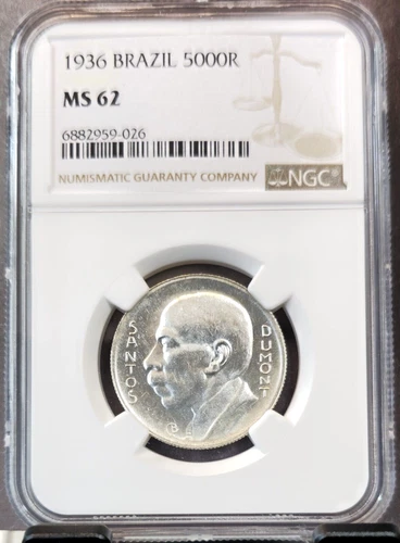 1936 BRAZIL SILVER 5000 REIS SANTOS DUMONT NGC MS 62 NICE LUSTER