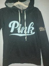 VICTORIA SECRET PINK Hoodie S Women's logo pocket half zip black fleece green