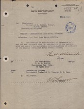 FRANKLIN D. ROOSEVELT DOCUMENT SIGNED 04/18/1919 CO-SIGNED BY: EDWARD B. FENNER