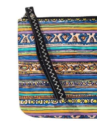 Patricia Nash Leather Wristlet Clutch Multicolor Print Front Black Back - Picture 2 of 11