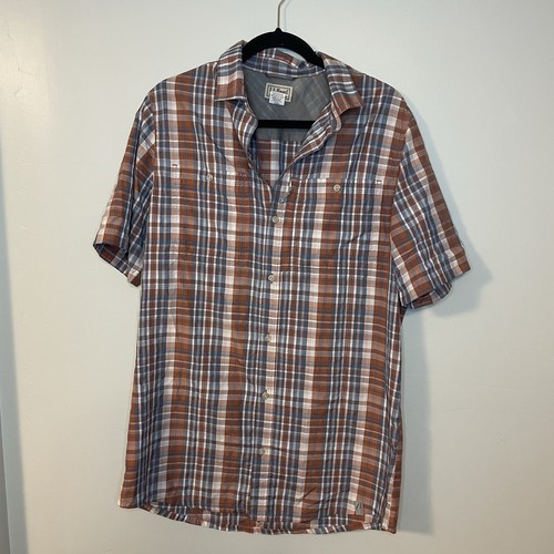 LL Bean Hemd Herren M HOCH Blau Orange Kurzarm Knopfleiste Schlitz Karo Angeln