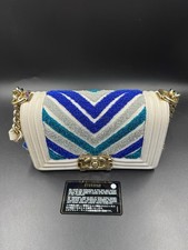 Chanel Small Boy Flap Blue Tweed Chevron Fabric Gold HW Crossbody Auth