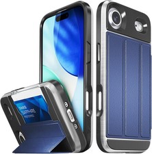 vCommute iPhone 17 Air Leather Wallet Case Military Grade Drop - Blue / Silver