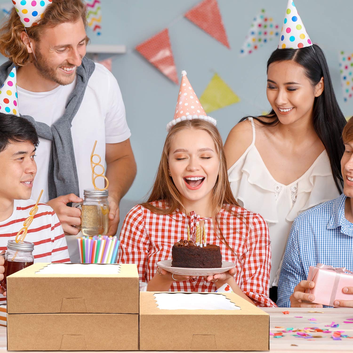 38Pcs Pie Boxes, 10X10X2.5 Inches Auto-Popup Bakery Boxes with Window for Cookie