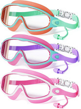 3 Pack Swimming Goggles, Kid Goggles with Earplugs Large Frame Anti-Fog/Uv Wide