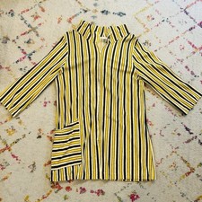 VTG 70s Zip Up Front Tunic W/Hood Top Made in USA Striped Thin Terry Sz S/M*