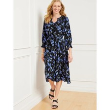 Talbots Black Blue Floral Midi Dress Sz L Stretch