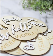 Baby 5 year Monthly Milestone Marker Discs 3D, 20 pc set, natural stain wood NIB