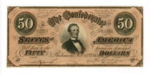 1864 T-66 $50 The Confederate States of America Note - CIVIL WAR Era