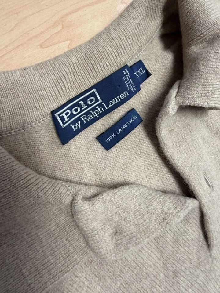 Suéter masculino vintage polo Ralph Lauren lã de cordeiro XXL Henley colarinho pônei bege - Imagem 3 de 4