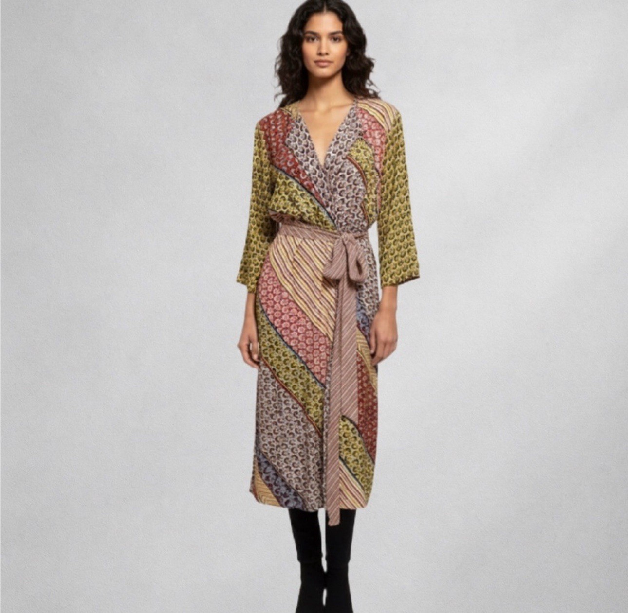 Cabi Women S Kimono Poet Duster Jacket Dress  Boho Patchwork Print Belted 1218