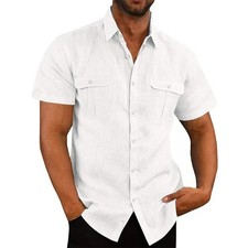 Mens Summer Short Sleeve Casual Shirt Button Down Regular Fit Plain Formal Tops