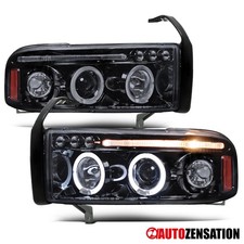 Fit 1994-2001 Dodge Ram 1500 2500 3500 Smoke Black Led Halo Projector Headlights