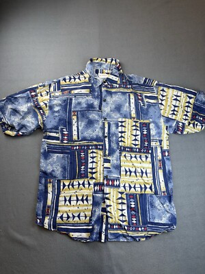 Summa 100% Silk Hawaiian Shirt Men Medium Blue Geometric Abstract Aloha Tiki