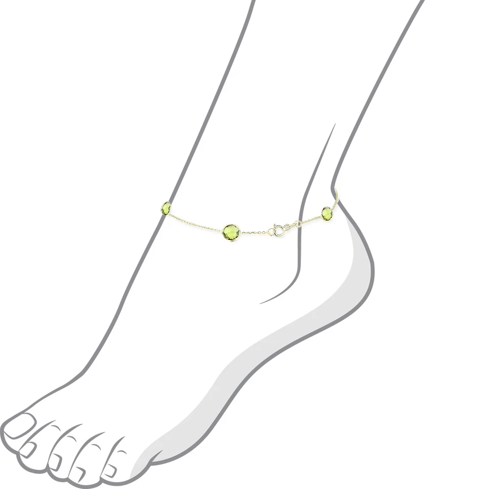 14K Yellow Gold Anklet Bracelet With Peridot Gemstones 9.5 Inches - Image 2 of 2