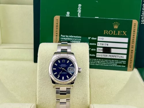 Rolex Datejust Ladies 179174 Blue Dial Stainless Steel 18K Gold Bezel Box Paper
