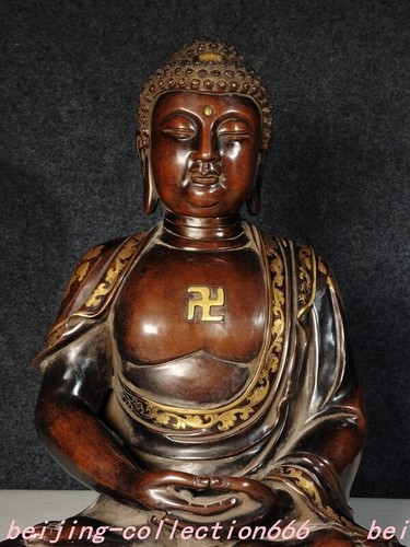 20" Tibet purple copper 24k gold Gilt Shakyamuni Sakyamuni Shakya Mani statue - Picture 2 of 7