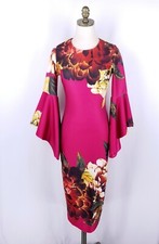 New York & Co Midi Dress Size XS Pink Floral Bell Sleeve Special Occasion