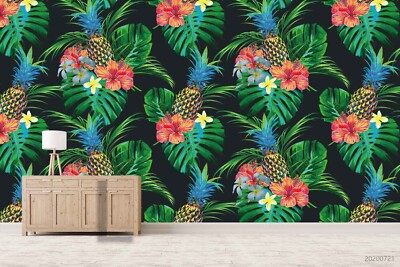 3D Pineapple Floral Leaves Pattern Self-adhesive Removeable Wallpaper Wall Mural