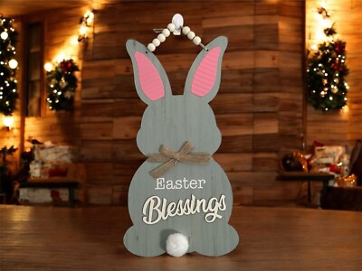 Rustic Ash Bunny ''Easter Blessings'' Easter Hanging Sign   Farmhouse Spring Decor