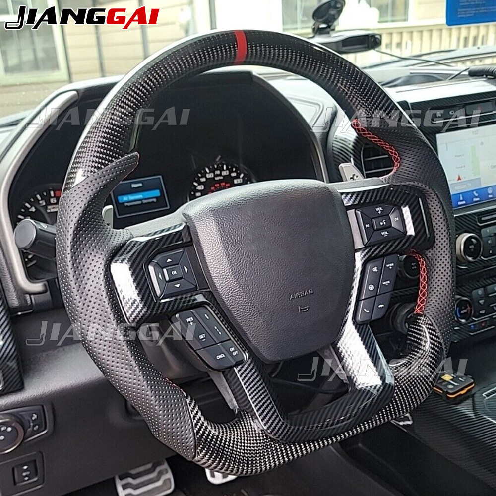 Real Carbon Fiber Steering Wheel Fit Ford F150 Raptor 15+ with Paddles Cutouts