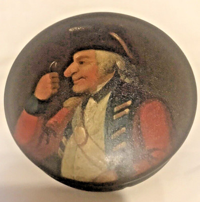 SELTENE ANTIKE PAPIER MACHE KREISFÖRMIGE SCHNUPFTABAKBOX - RÜCKADMIRAL THOMAS BAKER