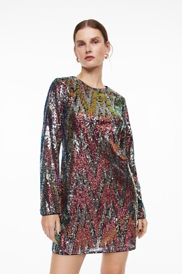 H&M Pailleté Robe Tunique Court Mini à Paillettes Sequin Zig Zag M 10 38 