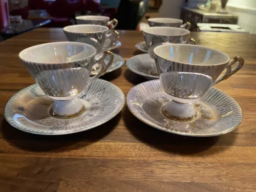 Norleans Gray Lustreware Demitasse Tea Cups And Saucers Vtg Japan Set Of Six