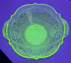 Vintage Uranium Glass Handled Dish Bowl Cane Bottom Green Debra Pattern 9"