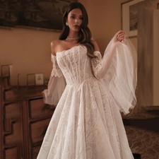 Lace Flare Sleeves A Line Wedding Dress Strapless Bride Dresses Floor Length