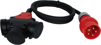 3 Wege-Schuko-Gummi Hängekupplung 16A 5-polig IP44 mit 1,5m Kabel auf 16A CEE