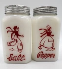 Vintage 4” Hazel Atlas Dutch Skater Salt & Pepper Shakers Milk Glass Red/White