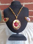 VINTAGE WEST GERMANY PINK RHINESTONE ENAMEL FAUX PEARL ROSE  FLORAL NECKLACE SET — photo 6